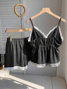 Comfortcana Plus Size Contrast Color Trim Bow Decor Camisole And Shorts 2 Pieces Set - Dark Grey - View 2