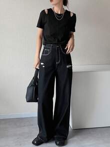 FRIFUL Women's Summer Spring Solid Color Slim Fit Flattering Versatile Short Sleeve T-Shirt - Black - View 2