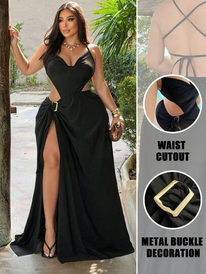 NU&NOW 大码女士性感黑色吊带镂空高开衩修身长款派对连衣裙