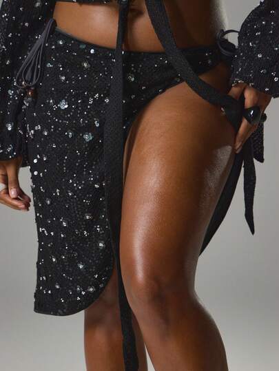 MUSERA 加大码串珠钩编系带中长款沙滩裙罩衫，春夏度假海滩伊比沙岛音乐节泳装性感优雅黑水