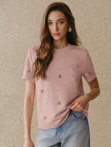 Anewsta Áo thun nữ màu mơ thanh lịch, dáng rộng, cổ tròn, tay ngắn, đính cườm, thích hợp cho mùa xuân/hè. - Màu Hồng baby - Xem 3