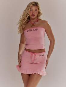 MUSERA 印花“Ciao Bello”修身无肩带抹胸荷叶边迷你裙套装，春夏可爱少女风，适合度假、海滩、日常休闲穿着。 - 粉色 - 查看 1