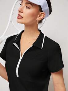 Activina Camisa polo deportiva de mujer con cuello de contraste y manga corta - Negro - Ver 8