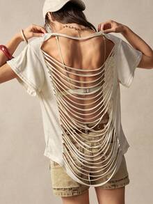 Bohemela 女士休闲纯色针织不对称肩部宽松T恤 夏季女式上衣 新款T恤 - 杏色 - 查看 7