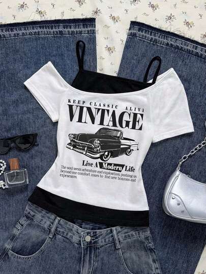 Attitoon Women's Casual Retro Contrast Color Short Sleeve T-Shirt With Vintage Car Pattern