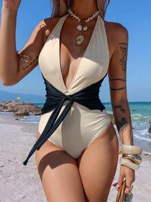 Livesso Women's One-Piece Contrast Color Deep V Bowknot Casual Sexy Swimsuit Beach Golf Outfit Summer White Vacation - Beige - View 4