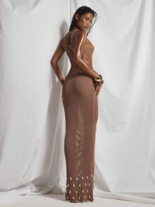 MUSERA Crochet Knit Cut Out Twist Front Pearl Beaded Hem Fitted Maxi Dress Spring Summer Elegant Vacation Holiday Ibiza Club Occasion Sexy Seashell Shores - Mocha Brown - View 2
