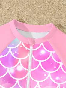 SHEIN Tween Girl Fish Scale Tie-Dye Long Sleeve Romper Swimsuit,Cute Pink Modest Rash Guard For Kids Girls,Summer Beach Holiday Teenage Swimming Clothes - Multicolor - View 6