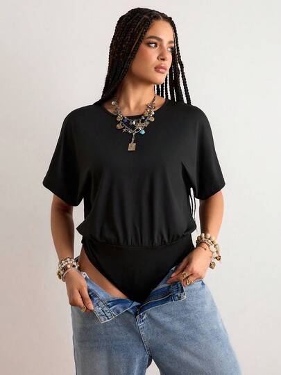 Freevana Plus Size Women's Solid Color Round Neck Short Sleeve Casual Bodysuit