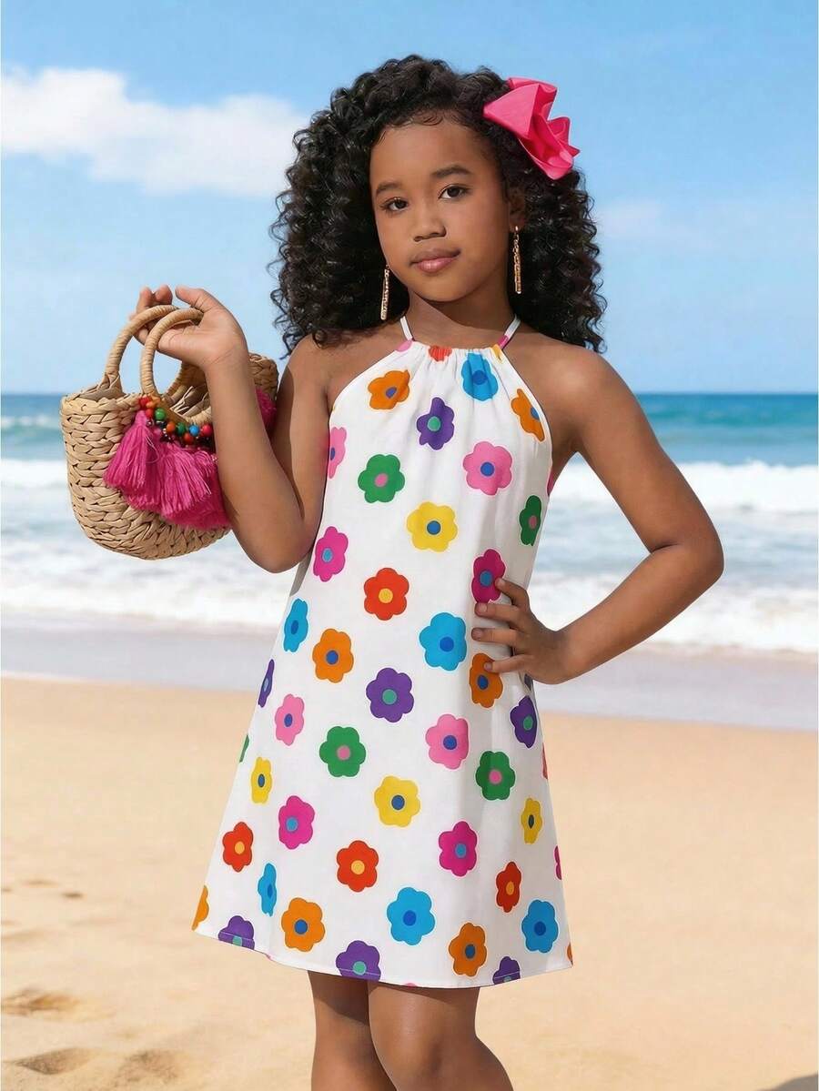 Tween Mädchen Blumenmuster ärmelloses lässiges Urlaubs-Kleid, Tween Mädchen, Muttertags-Outfit, Abschluss, Mommy And Me passende Outfits - Verschiedenfarbig - Übersicht 1