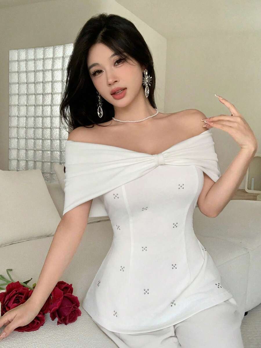 Feyla 新款奢华水钻装饰露肩优雅上衣，适合派对和度假穿着 - 白色 - 查看 1