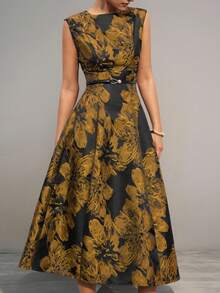 Aveloria Modichic Nuevo vestido elegante y digno para cita nocturna de mujer, de lujo, minimalista y exquisito, con cuello redondo, sin mangas, cintura ceñida y falda acampanada, de tela jacquard - Amarillo - Ver 6