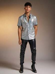 Manfinity BRENVOR 男士纽扣前开襟金属色短袖衬衫，情侣装 - 銀色 - 查看 8