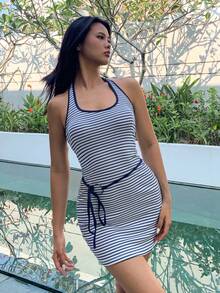 Fluxe Đầm thể thao nữ dáng suông, cổ yếm, hở lưng, kẻ sọc, thích hợp cho mùa hè. - Xanh và trắng - Xem 5