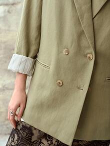 MOTF PREMIUM 亚麻混纺宽松双排扣西装外套 - 軍綠色 - 查看 6