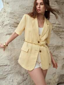 MOTF PREMIUM ÁO BLAZER TAY NGẮN CHẤT LIỆU PHA LINEN - Vàng nhạt - Xem 5