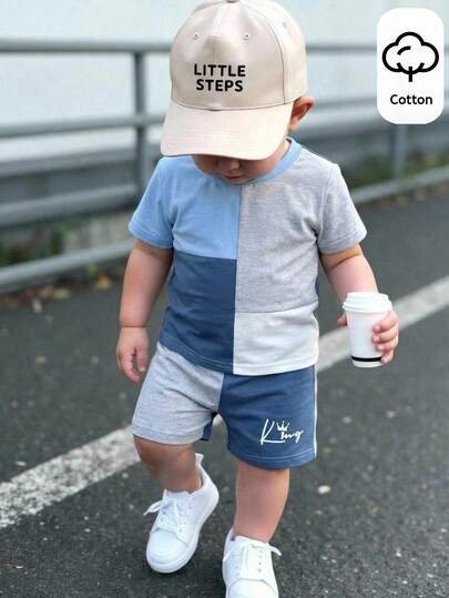 SHEIN Bubblio Set de 2 camisetas de manga corta de cuello redondo casuales con parches, adecuadas para uso en primavera/verano, para niño/niña bebé