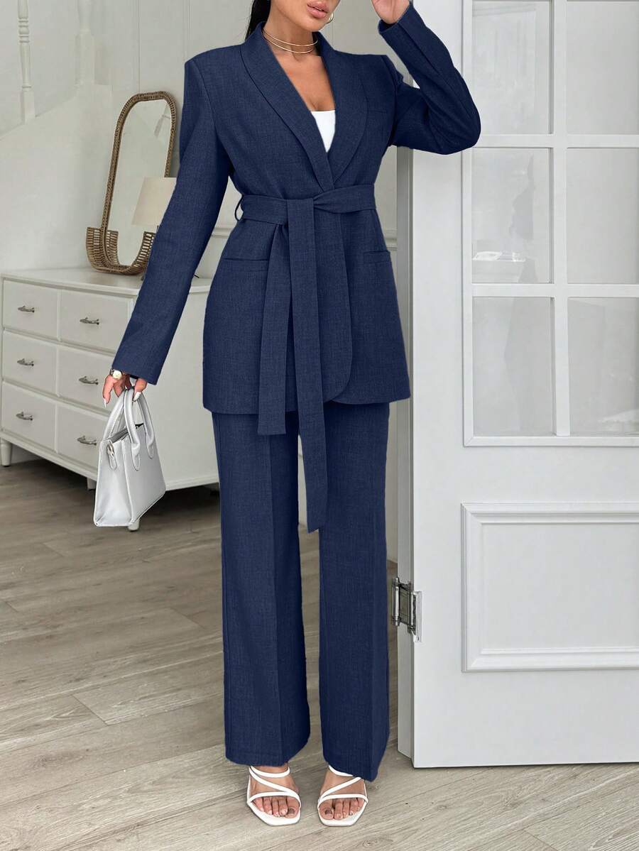 EURMUSE Grey Long Jacket And Straight Pant Two Pieces - Navy Blue - View 1