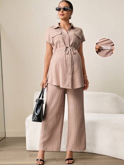 MaterniWear 2 Stücke Umstandsmode Set: Einfarbiges Kurzarm-Top mit Knopfleiste und weite Hose