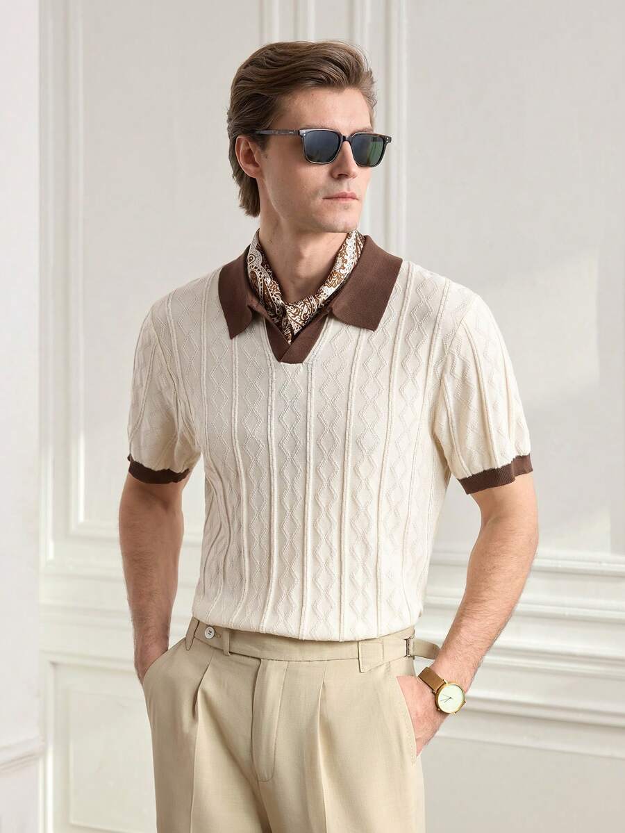Men's Old Money Contrast Color Short Sleeve Knitted Cable Textured Polo Shirt - Apricot - View 1