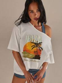 Athîral Women's Loose Fit Open Shoulder Orange Coconut Tree Print Cotton T-Shirt, Suitable For Beach Vacation - White - View 1
