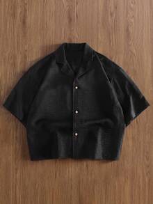 TOKVUE 男士休闲纯色前开襟短袖衬衫，夏季款 - 黑色 - 查看 3