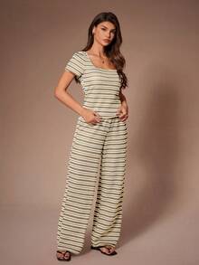 Lazeform Comfortable & Fashionable Striped Scoop Neck Short Sleeve Loungewear Set - Khaki - View 6