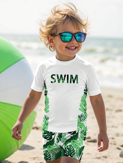 SHEIN Young Boy Casual Loose Fit Round Neck Short Sleeve T-Shirt And Shorts Swimwear Set, Suitable For Summer