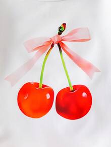 SHEIN Genkimix Kids 2件套少女品牌T恤套装，韩版宽松可爱露脐两件套，夏季 - 白色 - 查看 7