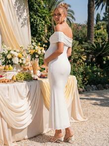 Loomaby Đầm bầu trễ vai dáng đuôi cá màu trơn thanh lịch dự tiệc - trắng - Xem 7