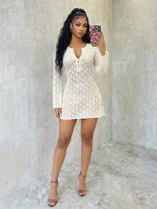 Eryvara Autumn Bell Sleeve Hollow Sexy Beach Knit Dress For Women - White - View 5