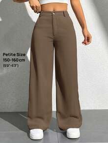 SHEIN PETITE Women Casual Solid Color Straight Leg Pants - Coffee Brown - View 1