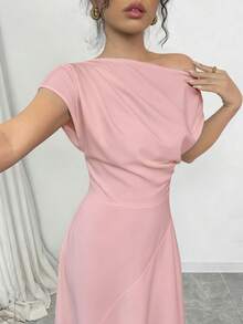 Elenzga Đầm hè nữ, tay ngắn lệch vai, phần thân trước xếp ly, vạt áo lệch, chất liệu vải dệt, kiểu dáng thời trang thường ngày đa năng. - Hồng - Xem 3