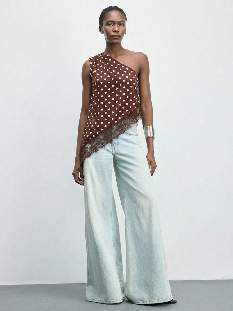SHEIN Maija Women's Brown And White Polka Dot,Summmer,Elegant,Brunch Asymmetrical Hem Lace Patchwork Blouse,Fashion Party Summer Outfits Beach Top