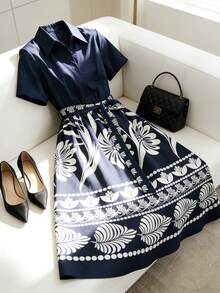 Airaco Women's Floral Print Ruched Casual Party Midi Dress, Suitable For Summer - Navy Blue - View 1