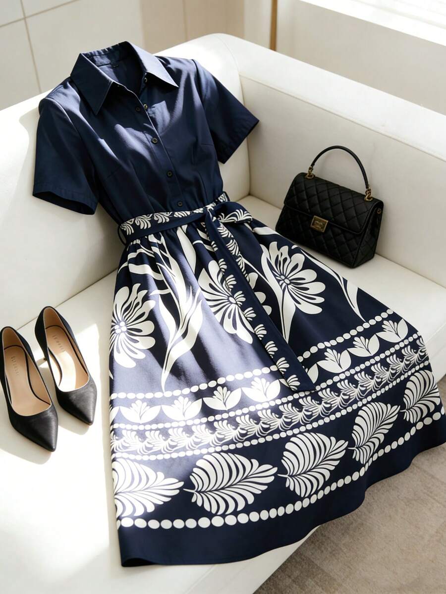 Airaco Women's Floral Print Ruched Casual Party Midi Dress, Suitable For Summer - Navy Blue - View 1