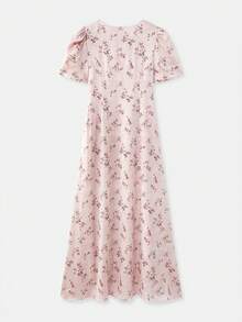 lacRébo Đầm maxi màu hồng nhạt in hoa, tay phồng, chi tiết khoét ngực phía trước và eo ôm sát, kiểu dáng thanh lịch lấy cảm hứng từ phong cách cổ điển. - Hồng - Xem 8