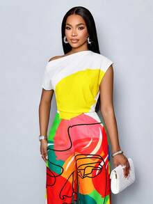 SOLERSUN 性感、优雅又休闲的单肩连体裤，饰以波普艺术风格的花卉印花，收腰设计，完美契合海滩度假、约会以及精致的“老钱”风格。春夏女装。 - 黃色 - 查看 3