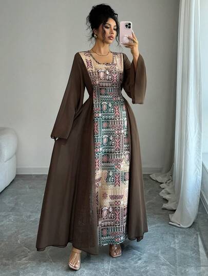 Islaluna 女士阿拉伯风格长款连衣裙，女士印花雪纺拼接几何图案度假连衣裙，修身立领假两件式系带腰部蝴蝶结后开衩A字喇叭袖优雅休闲通勤复古端庄长款连衣裙，春夏秋季