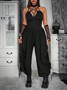 Whyspr 时尚宽松休闲吊带系带长款连体裤 - 黑色 - 查看 5