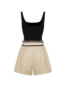Ellevyn Black Fitted Tank Top And Contrast Trim Shorts Set, Suitable For Daily Wear Trending Outfit Pintrest Outfit Part Outfit Classic Outfit Outfit Ideas - Multicolor - View 2
