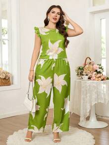 Reflora 春夏女士卡其色短袖衬衫搭配松紧腰阔腿裤两件套，优雅日常穿搭，适合大码身材 - 軍綠色 - 查看 5