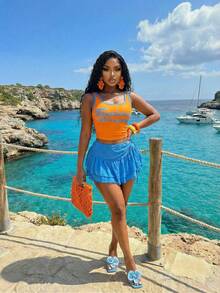 Slaydiva 2026春夏新款度假街头Y2K修身橙色撞色字母印花U领背心+蓝色蕾丝边荷叶边抽绳半身裙女装两件套。适合日常穿着、派对、旅行、度假、波西米亚风、返校季、早午餐、机场穿搭、约会、嘉年华、音乐节、夜店、性感俱乐部、时尚博主、潮流达人、时尚达人等场合。橙色两件套女装，夏季度假女式背心，露脐背心，夏季Y2K棕褐色 - 彩色 - 查看 8