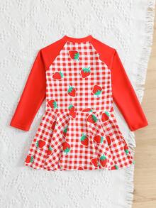 Souflis Souflis 1pc Girls Red Plaid Strawberry Print One-Piece Swimsuit,Long Sleeve Zipper Rash Guard With Ruffle Hem,Elegant Kids Summer Beach Bathing Suit Dress - Red - View 3
