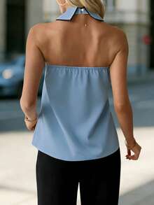 Women's Bow Collar Design Fashion Halter Neck Vest - Blue - View 2