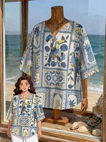 Rusticease Plus Size Women Tropical Shell Print White Blue,Summer,Boho,Casual,Vacation,Holiday Floral V-Neck Button Design Shirt,Retro Seaside Country Style Tops - Multicolor - View 1