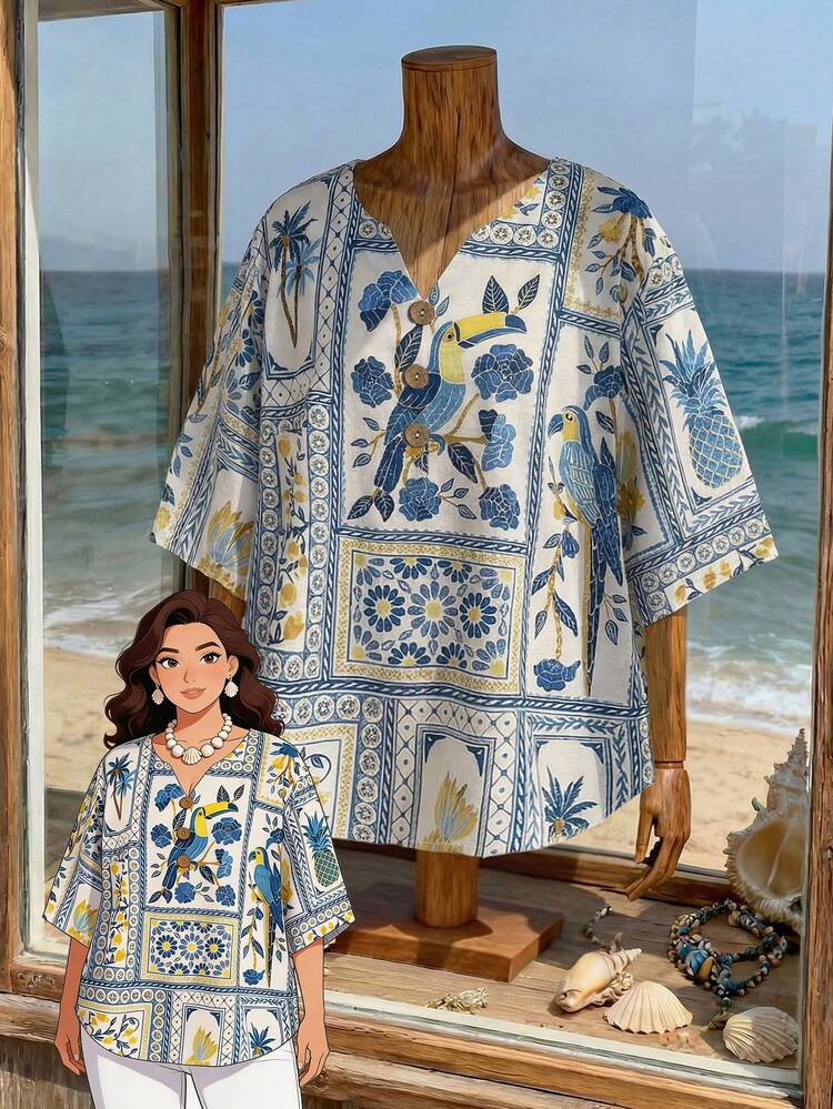 Plus Size Women Floral Print V-Neck Button Design Casual Shirt\Summer\Vacation Summer Tops Summer Outfits Summer Clothes  Spring  Spring Outfit Women Spring Clothes Country Style For Women Vacation Outfits Women  Seaside Retro Mannequin Window Display Graphic Tops