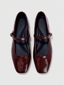 CUCCOO BIZCHIC Women's Square Toe Buckle Design Flat Loafers - Burgundy - View 1