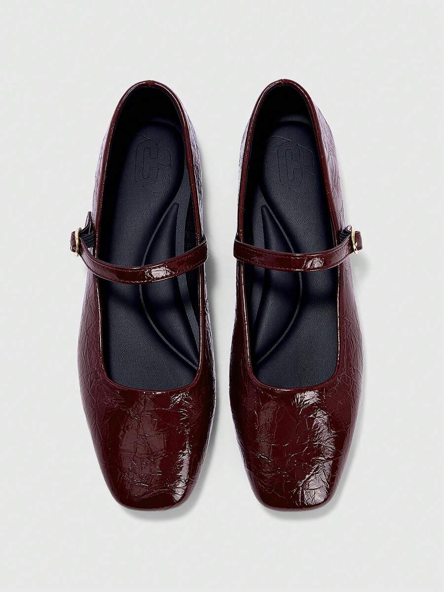 CUCCOO BIZCHIC Women's Square Toe Buckle Design Flat Loafers - Burgundy - View 1