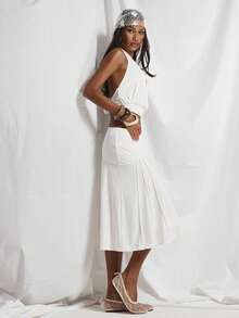 MUSERA Deep V Plunge Cowl Cross Over Cinched Waist Halterneck With Seam Detail Flowy Draped Midi Skirt Coord Sold As Set Cute Holiday Sexy Night Out Vacation Spring Summer Elegant Soleil Drape - White - View 4